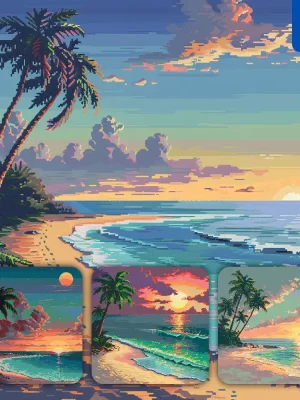 Midjourney Prompt Beach Sunset Sand Palm Tree Horizon Pixel Art Illustration