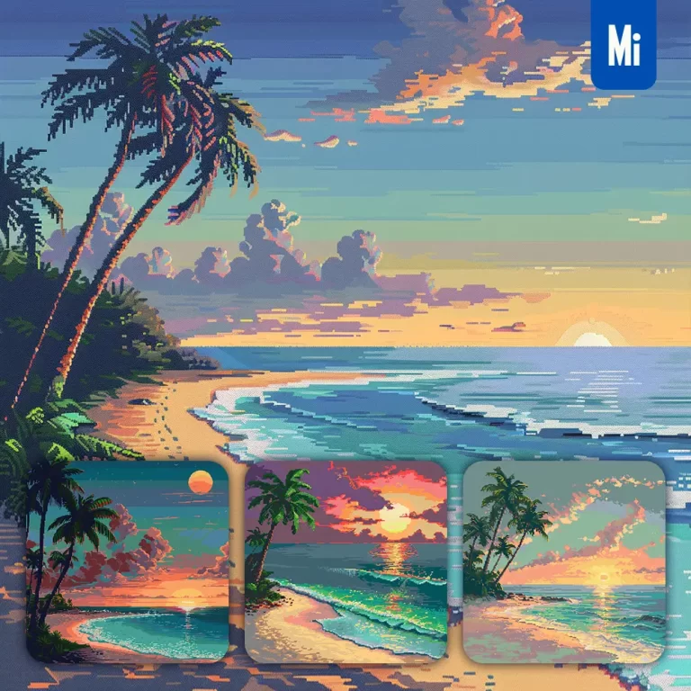 midjourney prompt beach sunset sand palm tree horizon pixel art illustration