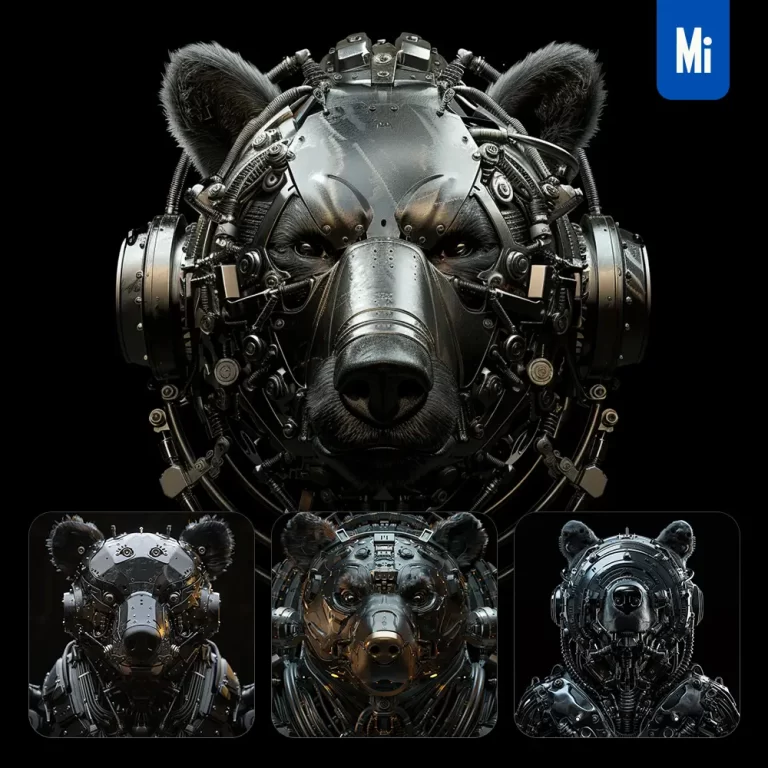 midjourney prompt bear mechanical head 3D mecha robotic science fiction AI