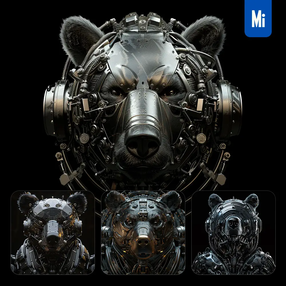 midjourney prompt bear mechanical head 3D mecha robotic science fiction AI