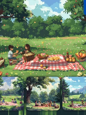 Midjourney Prompt Blanket Sunny Food Family Picnic Scene Art Pixel