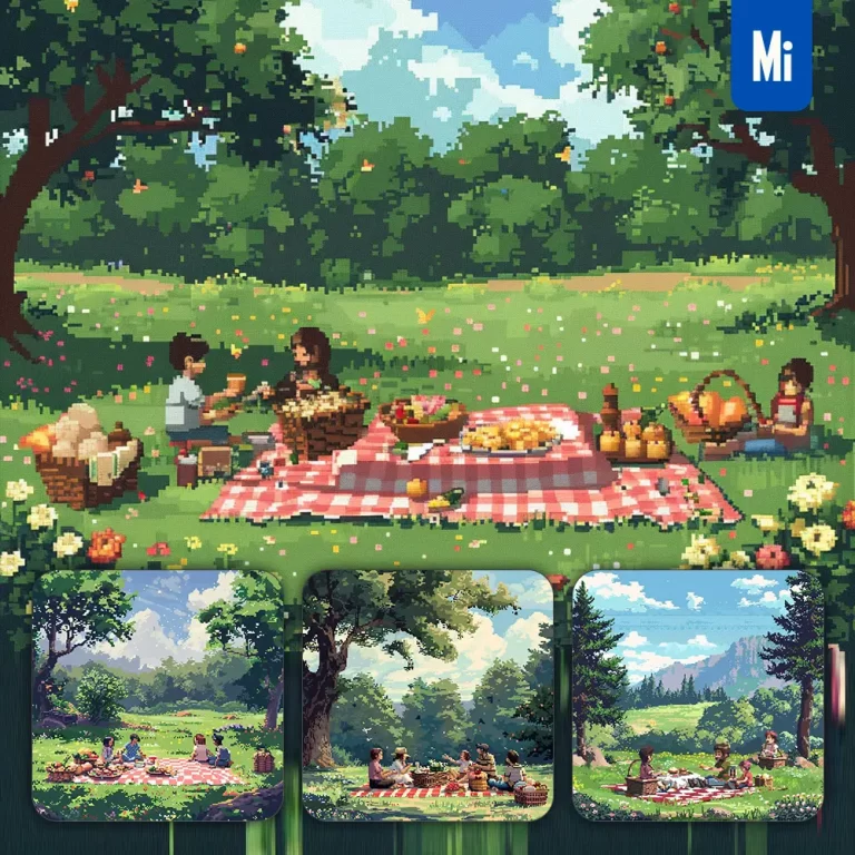 midjourney prompt blanket sunny food family picnic scene art pixel illustration