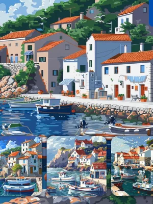 Midjourney Prompt Boat Fishing Village Sea Harbor House Dock Pixel Art Illustration