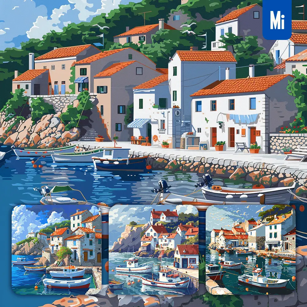 midjourney prompt boat fishing village sea harbor house dock pixel art illustration