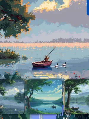 Midjourney Prompt Boat Lake Water Duck Fishing People Shore Pixel Art Illustration