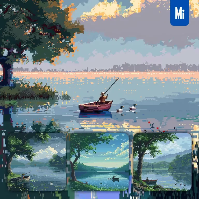 midjourney prompt boat lake water duck fishing people shore pixel art illustration