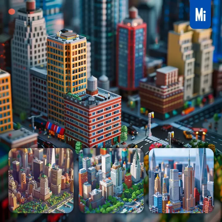 midjourney prompt building tower city street flourishing assembled 3D lego model scene