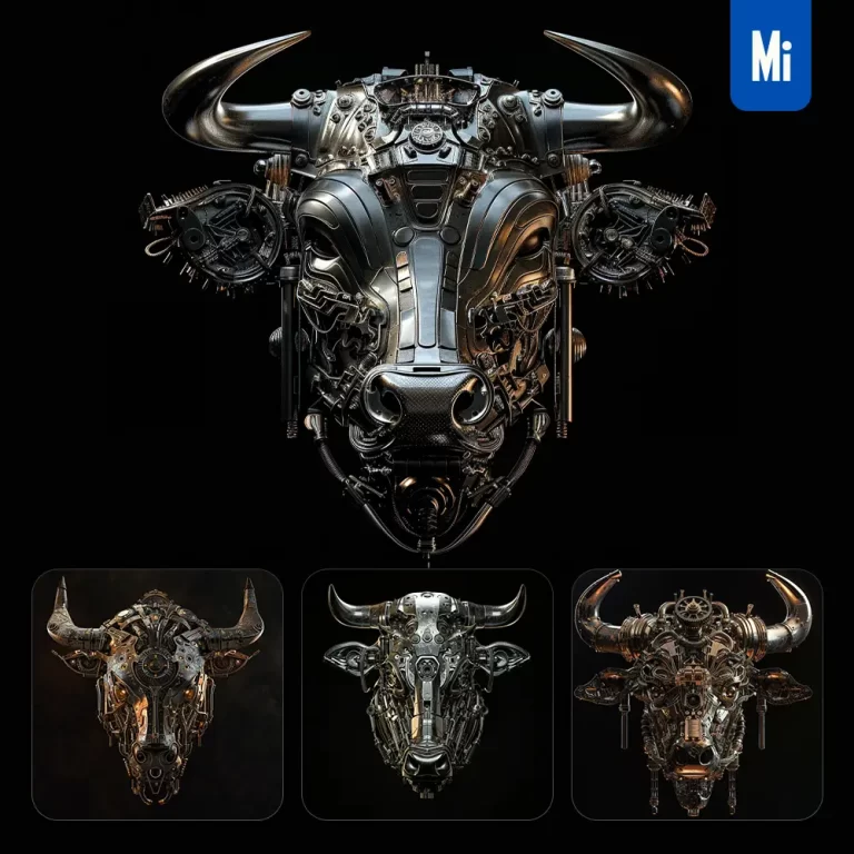 midjourney prompt bull mechanical head 3D mecha robotic science fiction AI