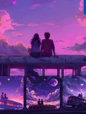 Midjourney Prompt Bus Loves Sit Heart Love Sky Night Purple Date Animation