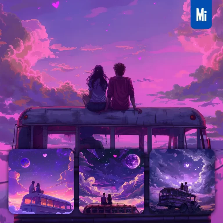 midjourney prompt bus lovers sit heart love sky night purple date animation