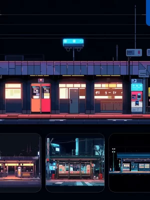 Midjourney Prompt Bus Station Facade Night Cartoon Illustration