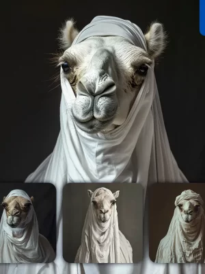 Midjourney Prompt Camel White Man Arab Burka Photography