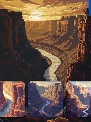 Midjourney Prompt Canyon River Rock Wall Sun Pixel Art Illustration