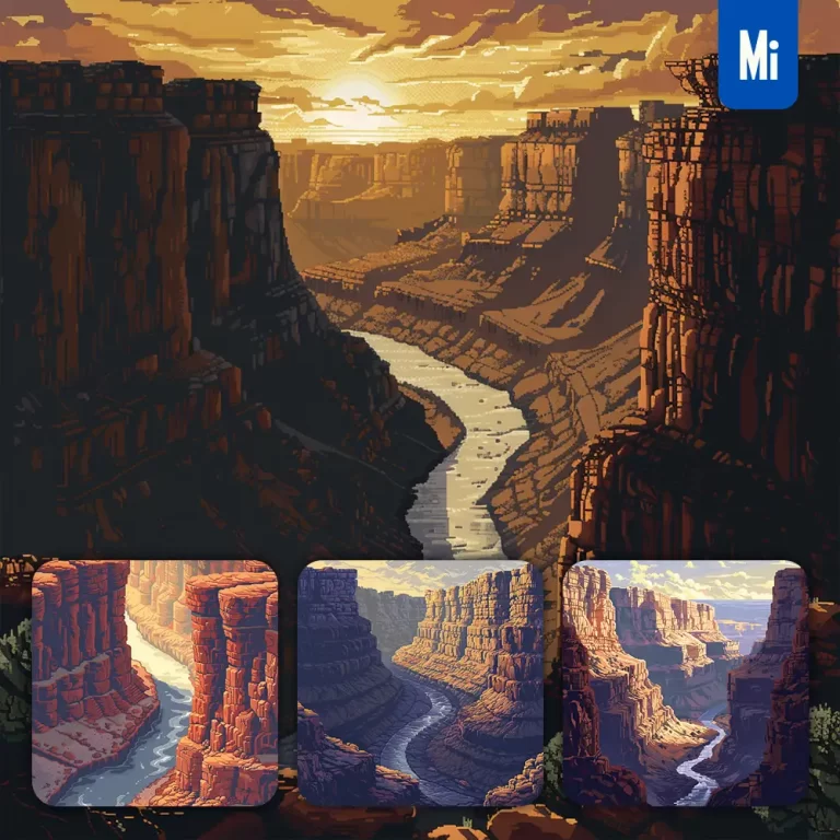 midjourney prompt canyon river rock wall sun pixel art illustration