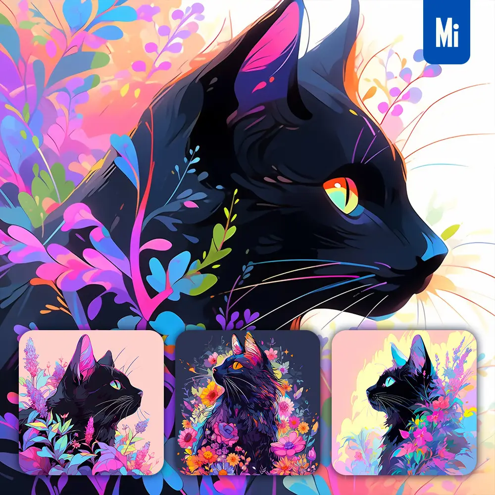 Midjourney Prompt Cat Flower Black Head Colorful Painting Illustration