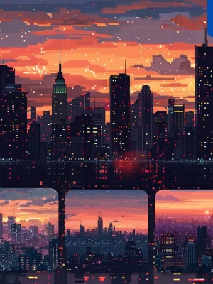 Midjourney Prompt City Skyline Dusk Sunset Skyscraper Building Horizon Pixel Art Illustration