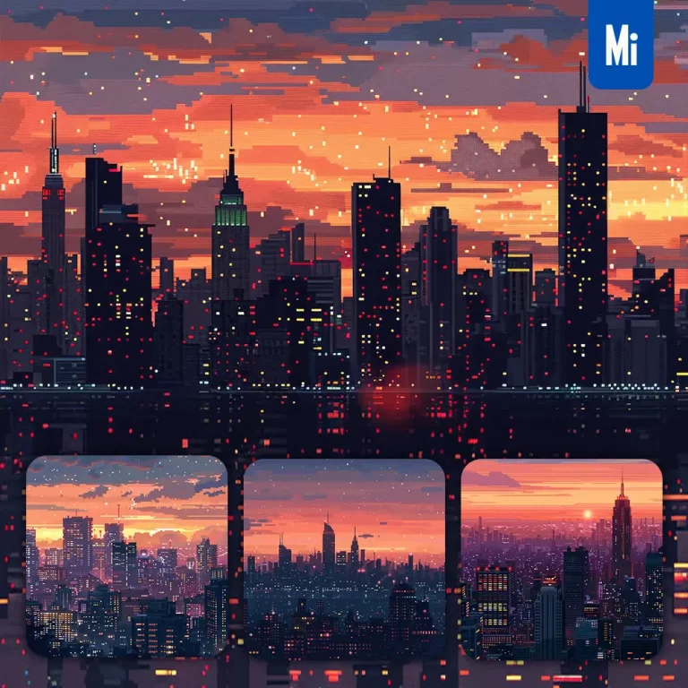 midjourney prompt city skyline dusk sunset skyscraper building horizon pixel art illustration