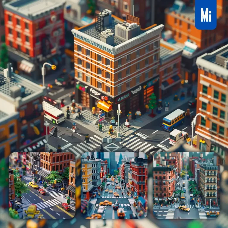 midjourney prompt city street taxi assembled 3D lego model scene