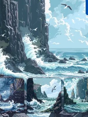 Midjourney Prompt Coastline Rocky Wave Ocean Seabird Cliff Pixel Art Illustration