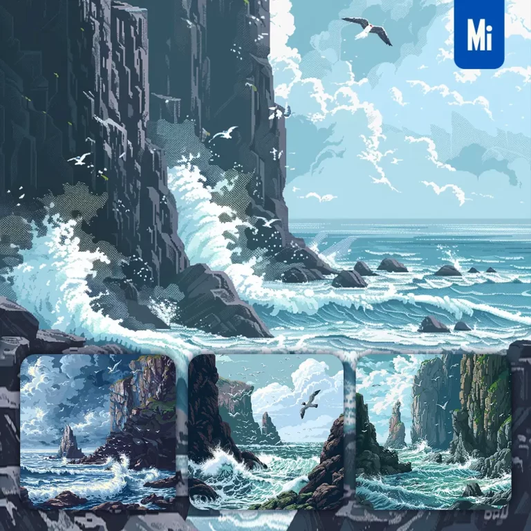 midjourney prompt coastline rocky wave ocean seabird cliff pixel art illustration