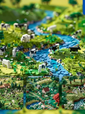 Midjourney Prompt Cow Pasture Grassland Assembled 3d Lego Model Scene