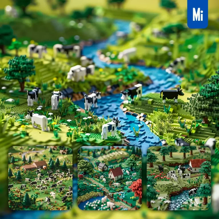 midjourney prompt cow pasture grassland assembled 3D lego model scene