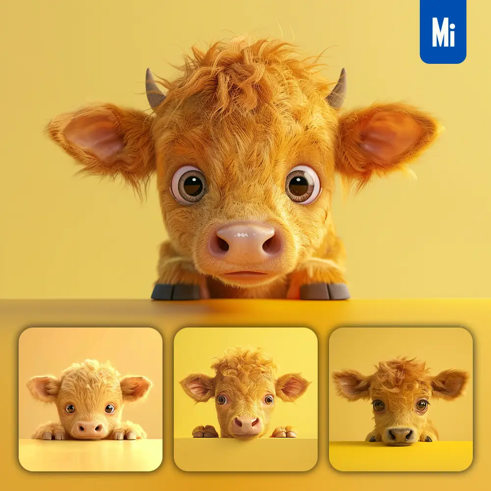 midjourney prompt cow yellow plush toy head cute front 3D animation
