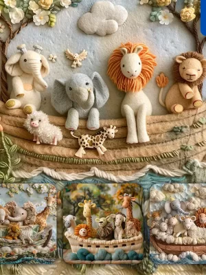 Midjourney Prompt Cute Animals Elephant Giraffe Lion Sheep Woolen Boat Noahs Ark