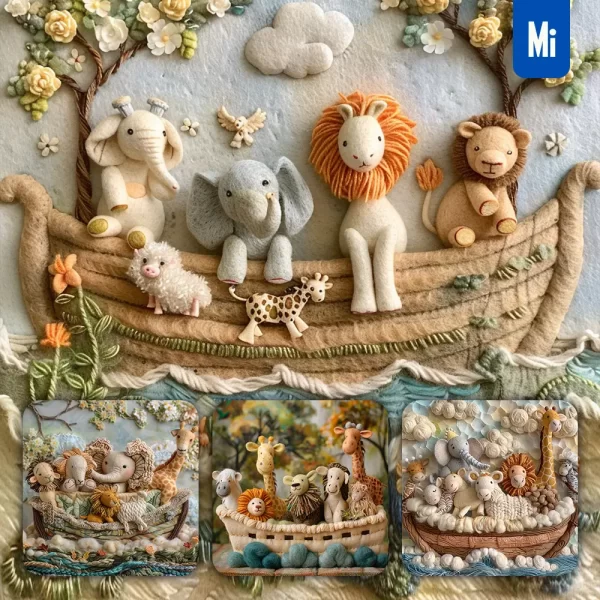 Midjourney Prompt Cute Animals Elephant Giraffe Lion Sheep Woolen Boat Noahs Ark