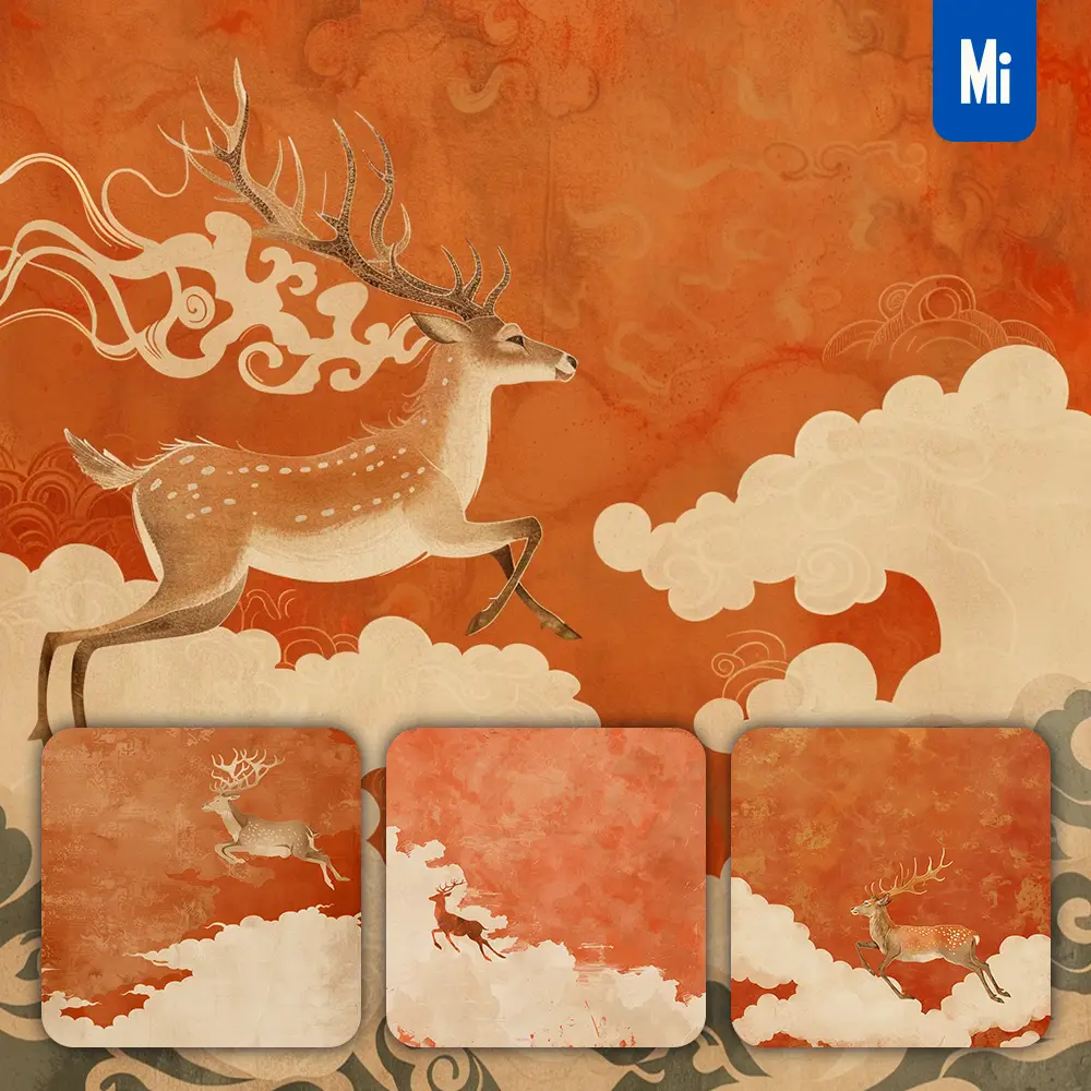 Midjourney Prompt Deer Fly Run Sky Cloud Mural Chinese Painting Art Illustration