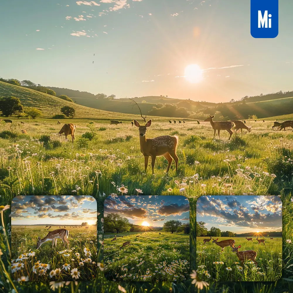 Midjourney Prompt Deer Grass Meadow Wildflower Grazing Sun Grassland Landscape Photography