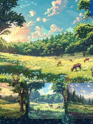 Midjourney Prompt Deer Grass Meadow Wildflower Grazing Sun Grassland Pixel Art Illustration