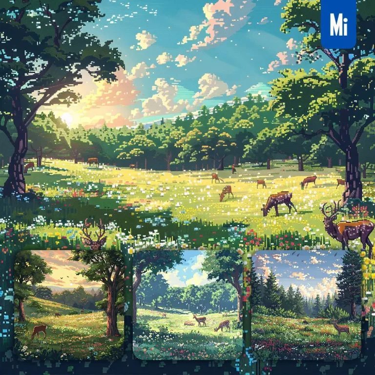 midjourney prompt deer grass meadow wildflower grazing sun grassland pixel art illustration