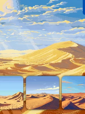 Midjourney Prompt Desert Sand Sun Sky Golden Dune Pixel Art Illustration