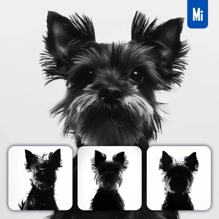 midjourney prompt dog Yorkshire Terrier black white photography face head silhouette front