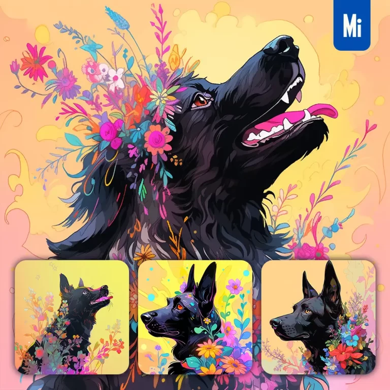 midjourney prompt dog flower black head colorful painting illustration