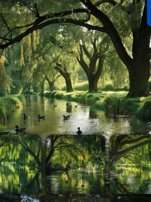 Midjourney Prompt Duck Swimming Lake Riverbank Willow Tree River Landscape Photography