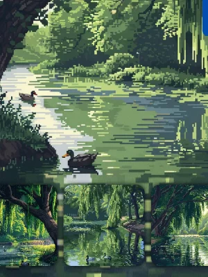 Midjourney Prompt Duck Swimming Lake Riverbank Willow Tree River Pixel Art Illustration