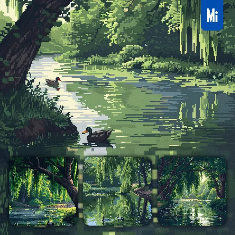 midjourney prompt duck swimming lake riverbank willow tree river pixel art illustration
