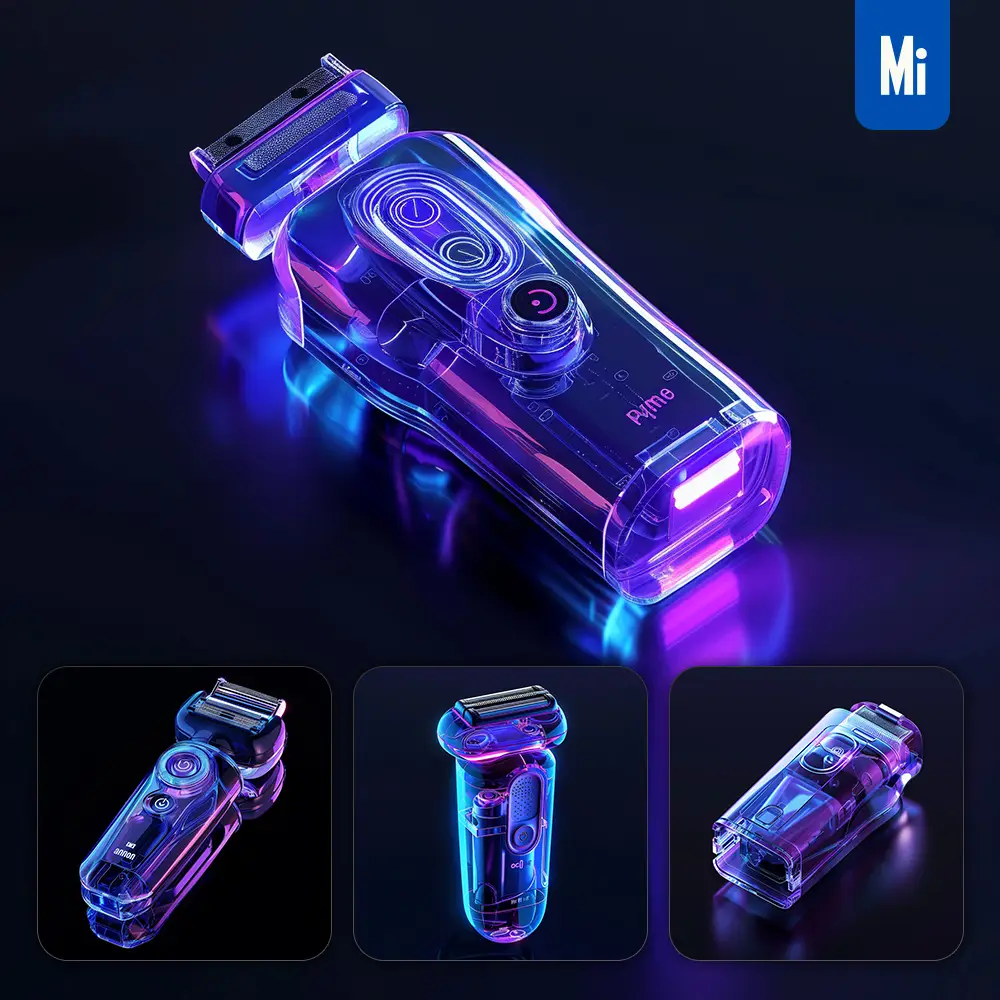 midjourney prompt electric shaver 3D blue transparent structure