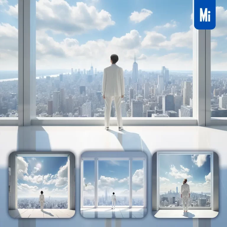 midjourney prompt female boss woman suit stand business back building city skyline sky window