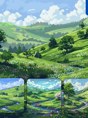 Midjourney Prompt Field Countryside Spring Hill Landscape Stream Grassland Pixel Art Illustration