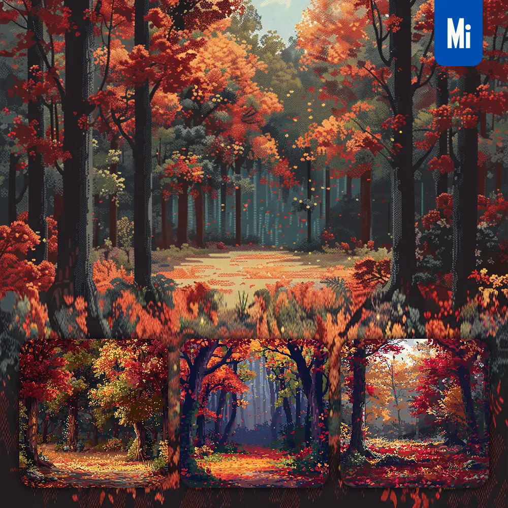 midjourney prompt forest autumn leaves tree branch pixel art illustration