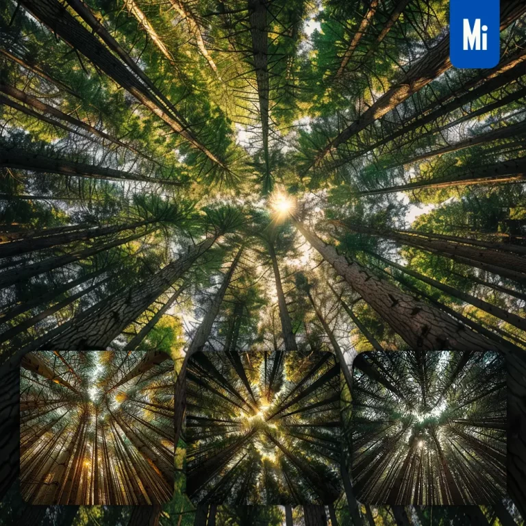 midjourney prompt forest dense pine tree needle sunlight upward landscape photography
