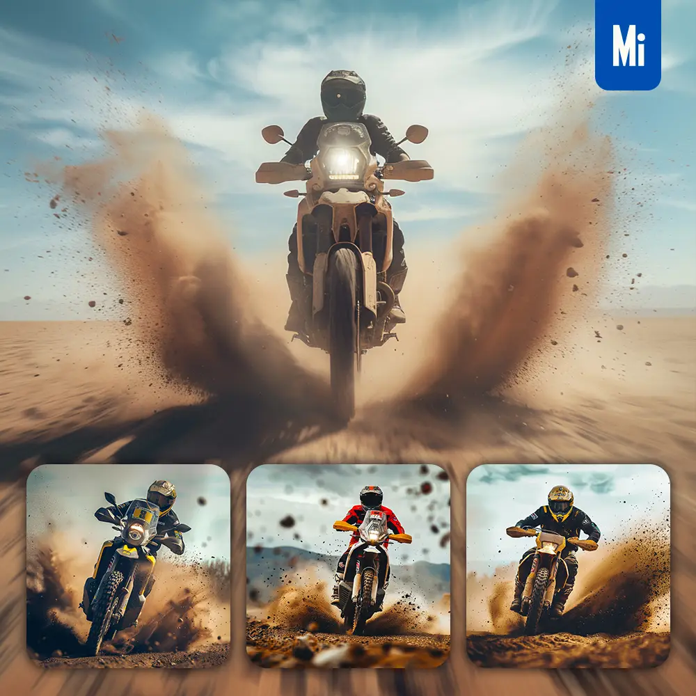 Midjourney Prompt Front Rally Racing Motor Motorcycle Desert Dakar Speed Photography