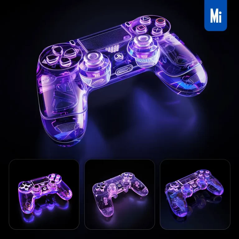 midjourney prompt game gamepad 3D blue purple transparent structure