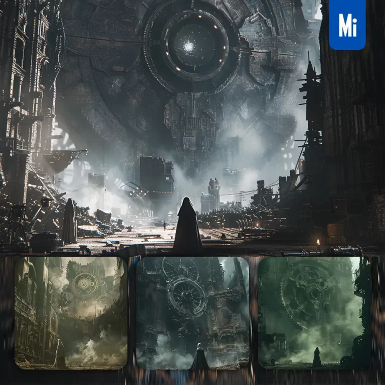 midjourney prompt gear city ruin man back nun smoke movie