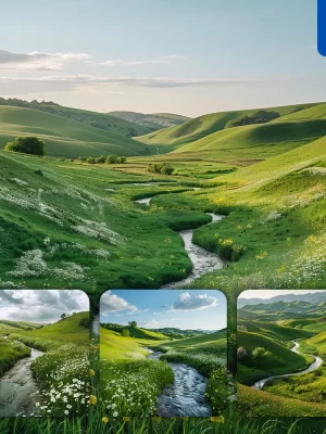 Midjourney Prompt Green Field Countryside Spring Hill Landscape Stream Grassland Landscape Photography