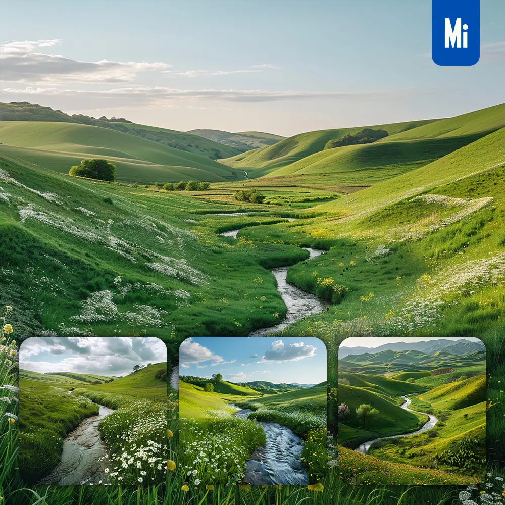 midjourney prompt green field countryside spring hill landscape stream grassland landscape photography