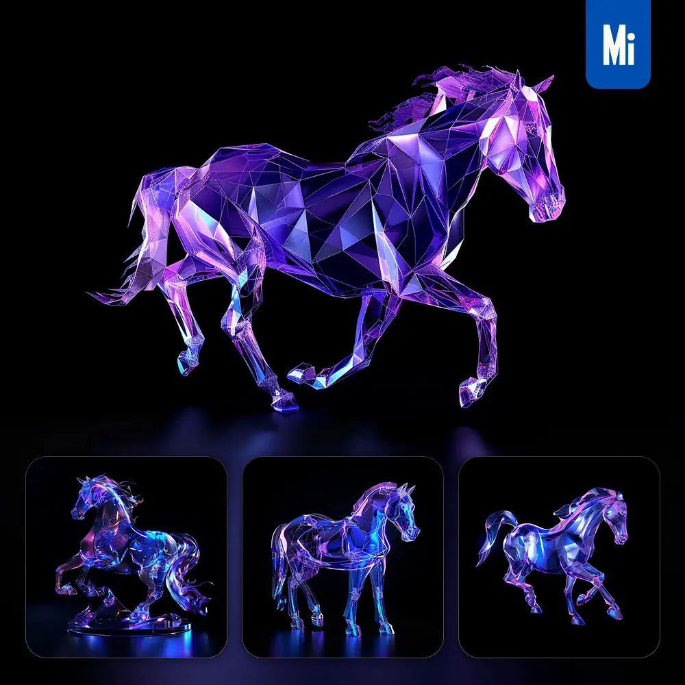 midjourney prompt horse 3D blue transparent structure